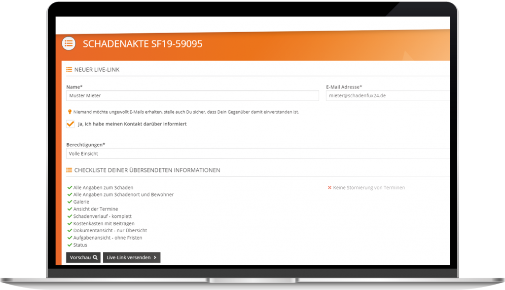 Immobilienverwalter Zusammenarbeit Slider Live Link versenden Mieter
